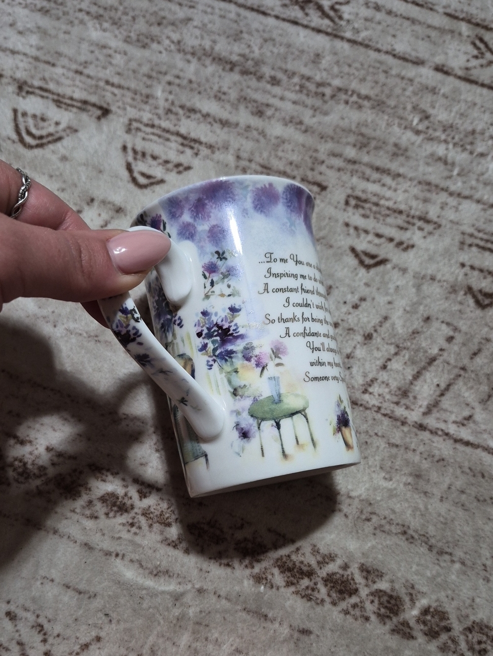 Lavender Floral Ceramic Mug with Inspirational Verse